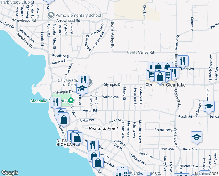 map of restaurants, bars, coffee shops, grocery stores, and more near 3536 Blue Gum Street in Clearlake