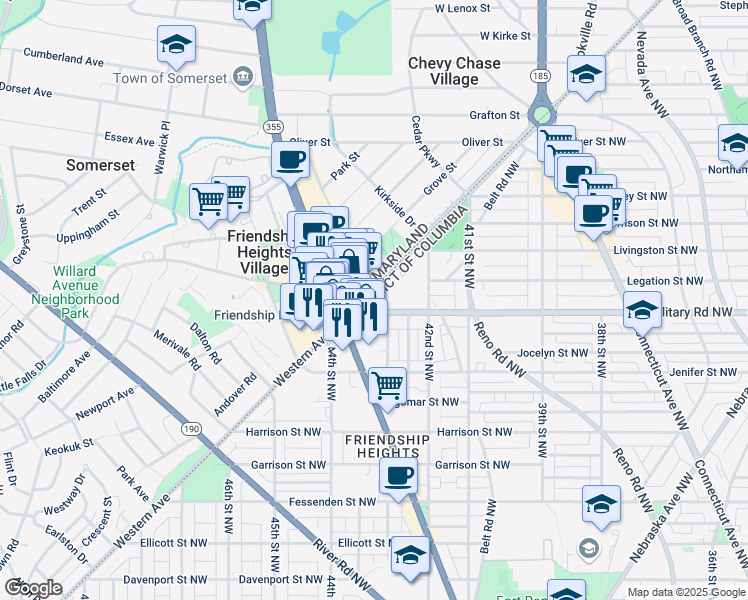 map of restaurants, bars, coffee shops, grocery stores, and more near 4301 Military Road Northwest in Washington