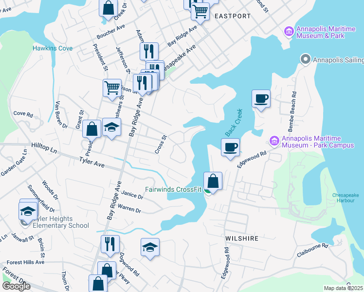 map of restaurants, bars, coffee shops, grocery stores, and more near 698 Fairview Avenue in Annapolis