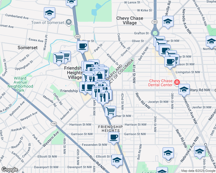 map of restaurants, bars, coffee shops, grocery stores, and more near 4301 Military Road Northwest in Washington