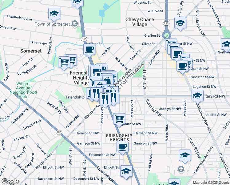 map of restaurants, bars, coffee shops, grocery stores, and more near 4301 Military Road Northwest in Washington