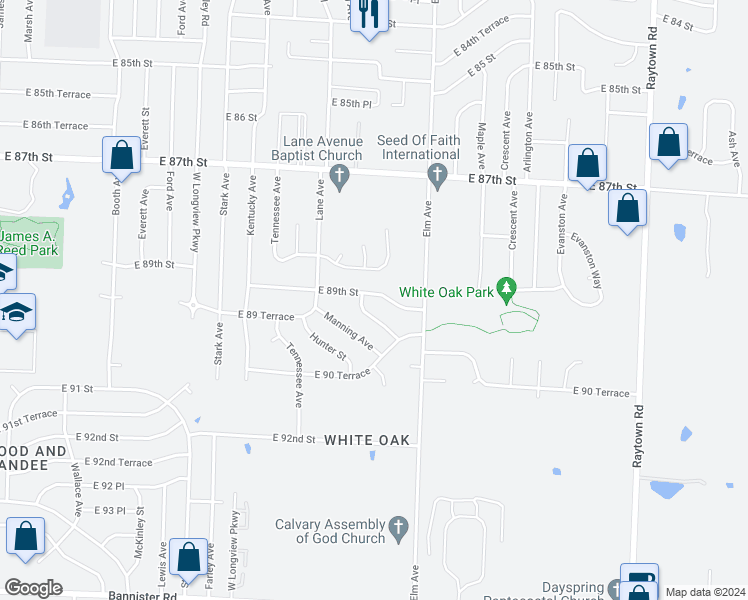 map of restaurants, bars, coffee shops, grocery stores, and more near 9105 East 89th Street in Kansas City