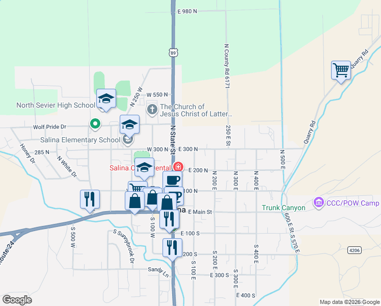 map of restaurants, bars, coffee shops, grocery stores, and more near 299 North 100 West in Salina