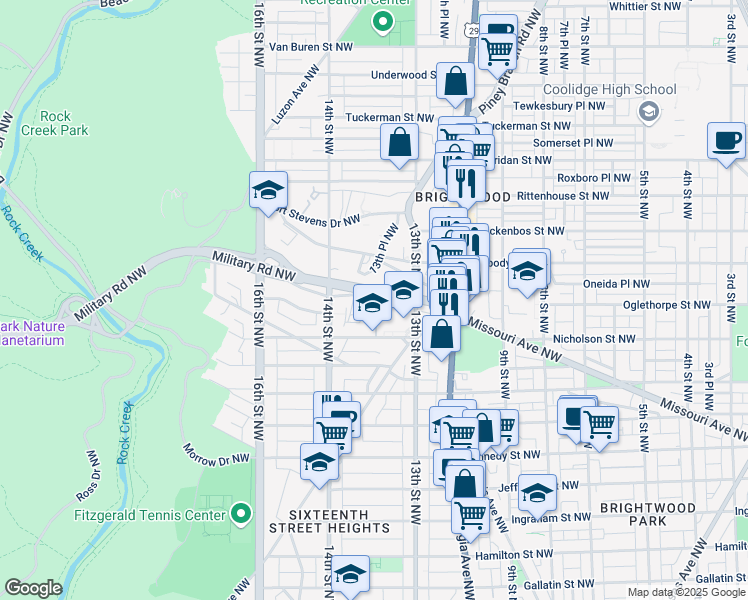 map of restaurants, bars, coffee shops, grocery stores, and more near 1330 Missouri Avenue Northwest in Washington