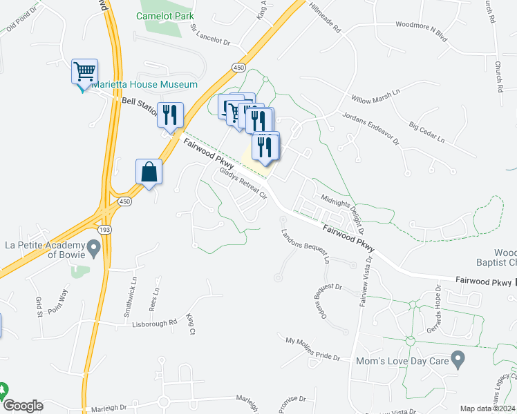 map of restaurants, bars, coffee shops, grocery stores, and more near 12703 Gladys Retreat Circle in Bowie