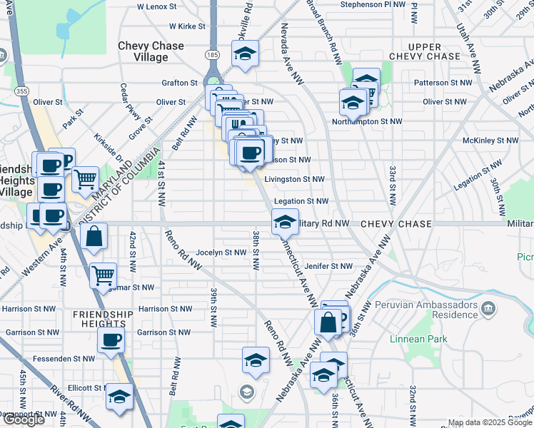 map of restaurants, bars, coffee shops, grocery stores, and more near 5406 Connecticut Avenue Northwest in Washington