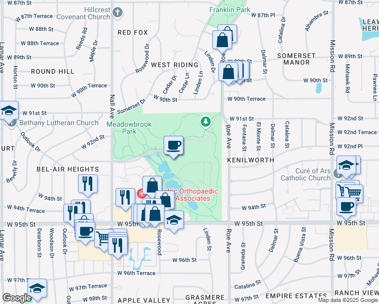 map of restaurants, bars, coffee shops, grocery stores, and more near 4851 Meadowbrook Parkway in Prairie Village
