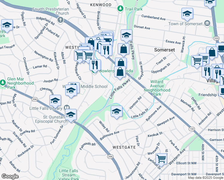 map of restaurants, bars, coffee shops, grocery stores, and more near 5117 Willet Bridge Road in Bethesda