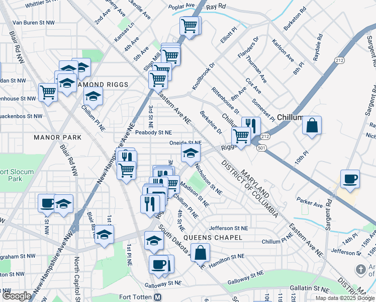 map of restaurants, bars, coffee shops, grocery stores, and more near 518 Oglethorpe Street Northeast in Washington