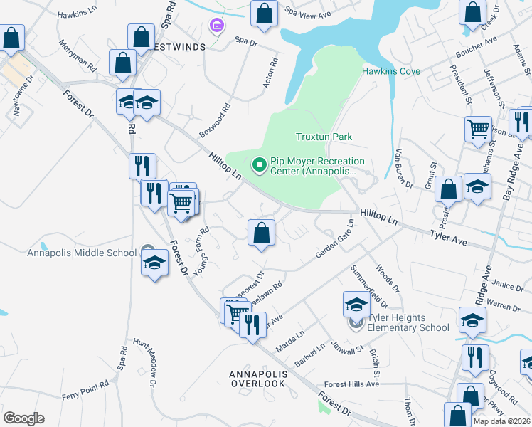 map of restaurants, bars, coffee shops, grocery stores, and more near 2 Woodward Court in Annapolis