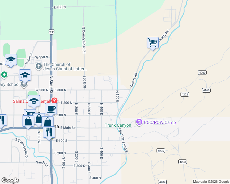 map of restaurants, bars, coffee shops, grocery stores, and more near 480 East 300 North in Salina