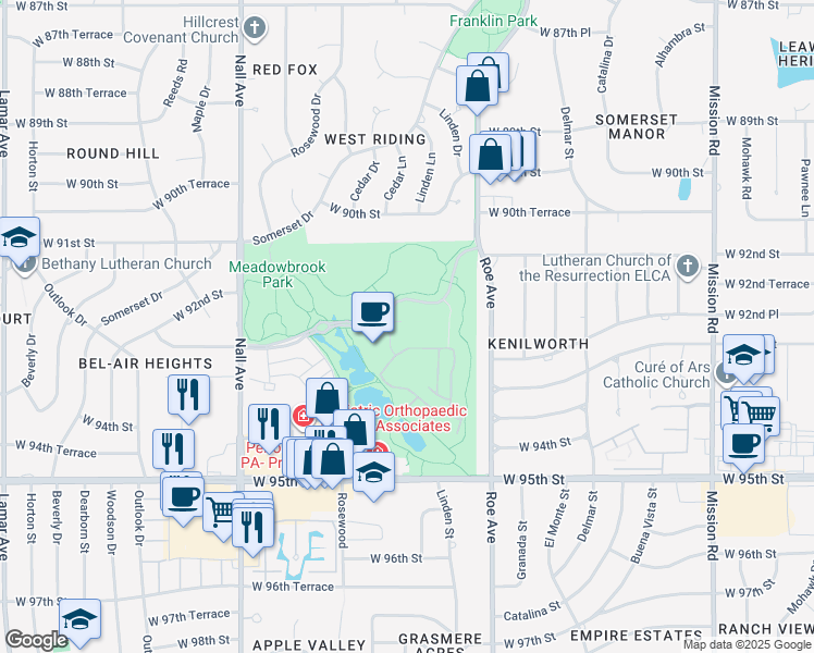 map of restaurants, bars, coffee shops, grocery stores, and more near 9365 Cedar Reserve Drive in Prairie Village