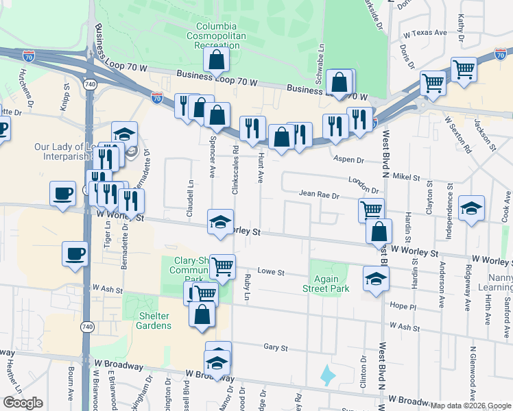 map of restaurants, bars, coffee shops, grocery stores, and more near 511 Hunt Avenue in Columbia
