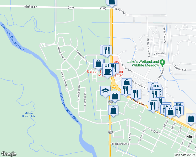 map of restaurants, bars, coffee shops, grocery stores, and more near 1751 Pinewood Drive in Minden