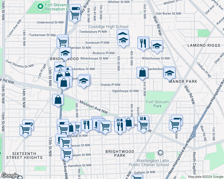 map of restaurants, bars, coffee shops, grocery stores, and more near 517 Oglethorpe Street Northwest in Washington