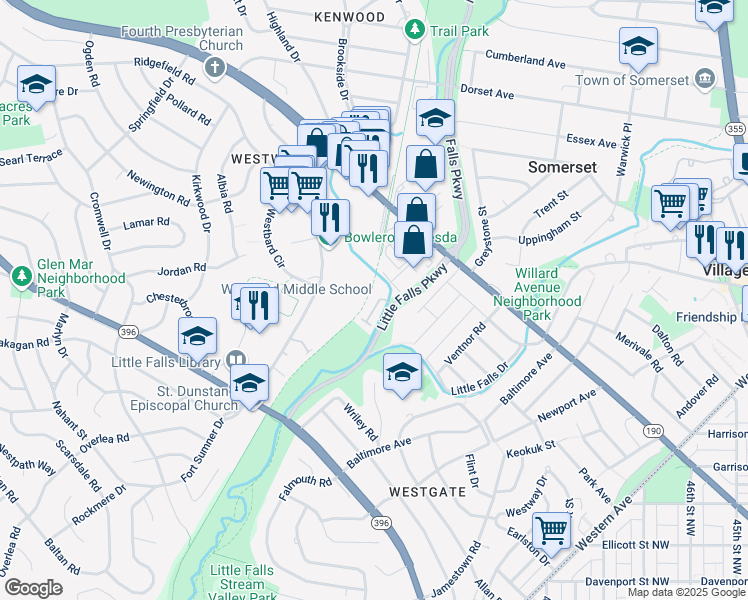 map of restaurants, bars, coffee shops, grocery stores, and more near 5115 Willet Bridge Road in Bethesda
