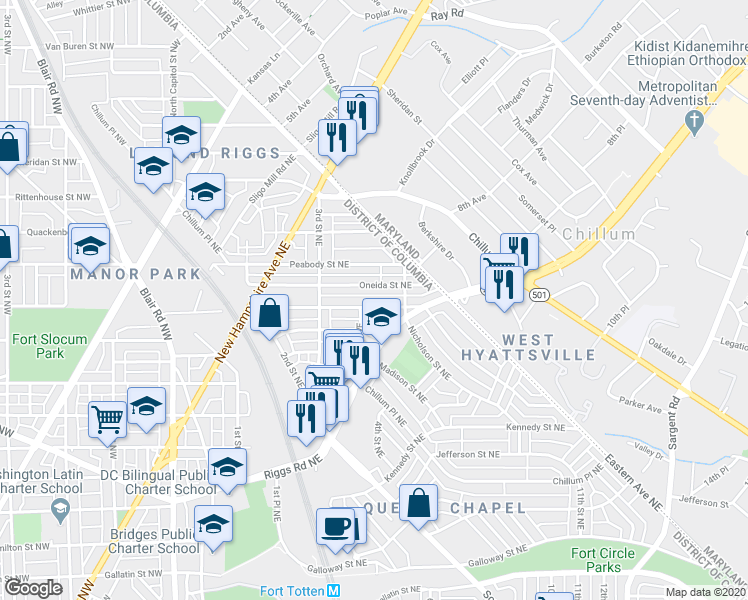 map of restaurants, bars, coffee shops, grocery stores, and more near 420 Oglethorpe Street Northeast in Washington