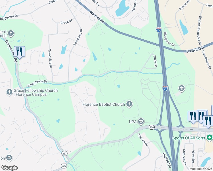 map of restaurants, bars, coffee shops, grocery stores, and more near 635 Sunnybrook Drive in Florence