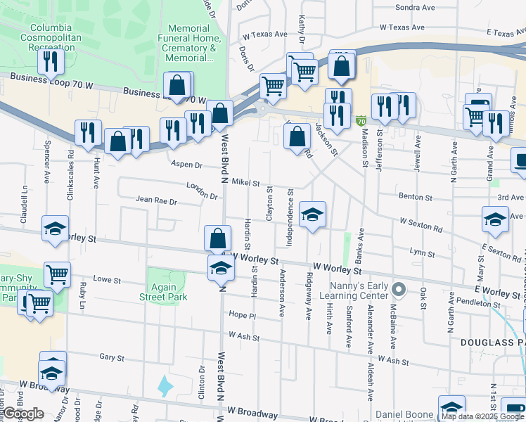 map of restaurants, bars, coffee shops, grocery stores, and more near 814 Donnelly Avenue in Columbia