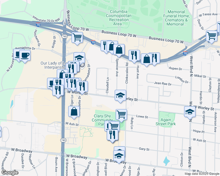 map of restaurants, bars, coffee shops, grocery stores, and more near 1703 West Worley Street in Columbia