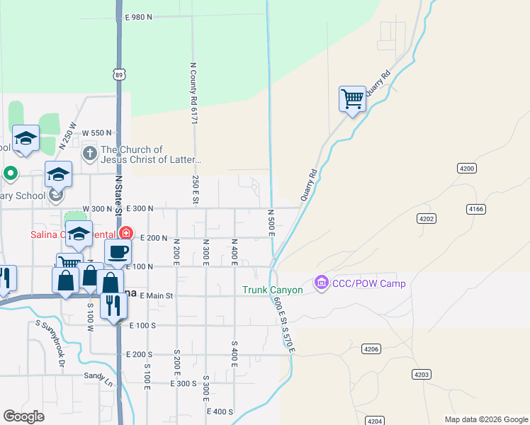 map of restaurants, bars, coffee shops, grocery stores, and more near 480 East 300 North in Salina