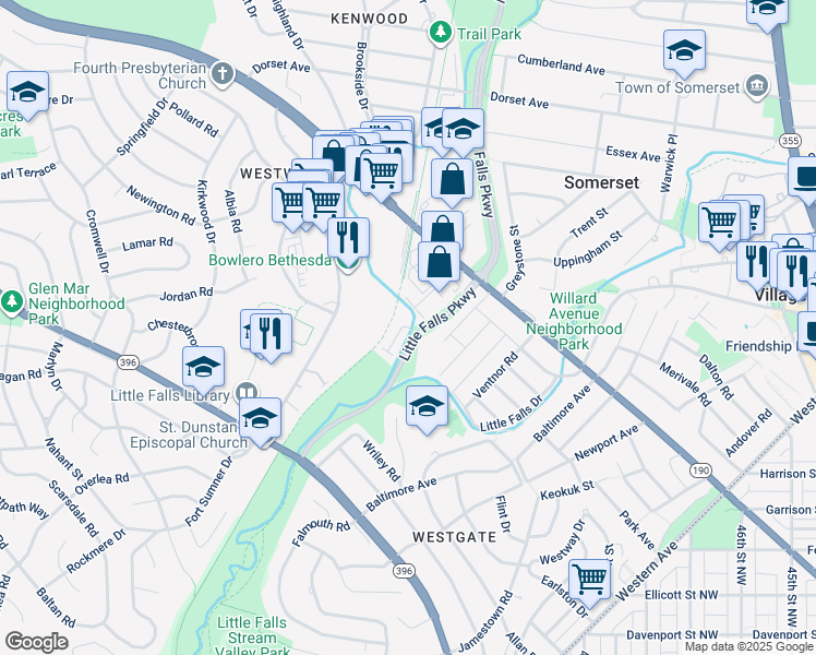 map of restaurants, bars, coffee shops, grocery stores, and more near 5119 Willet Bridge Road in Bethesda