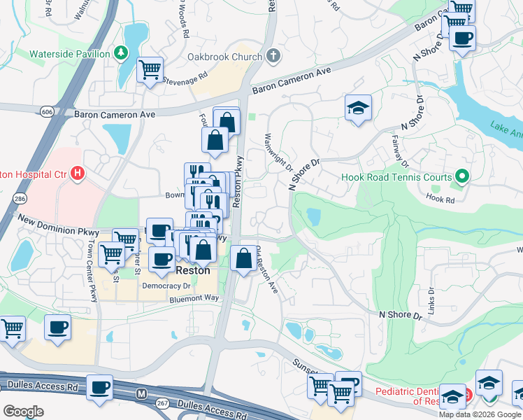 map of restaurants, bars, coffee shops, grocery stores, and more near 1798 Jonathan Way in Reston