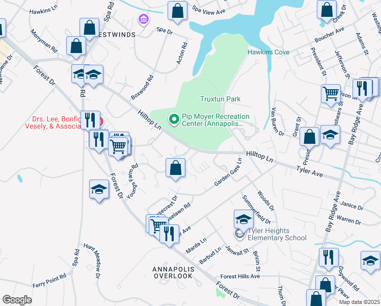 map of restaurants, bars, coffee shops, grocery stores, and more near 1224 Youngs Farm Road in Annapolis