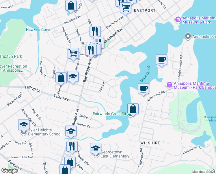 map of restaurants, bars, coffee shops, grocery stores, and more near 799 Fairview Avenue in Annapolis