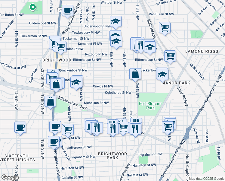 map of restaurants, bars, coffee shops, grocery stores, and more near 433 Oglethorpe Street Northwest in Washington