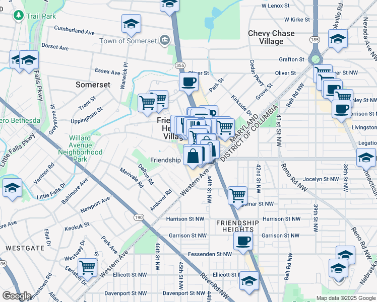 map of restaurants, bars, coffee shops, grocery stores, and more near 4440 Willard Avenue in Chevy Chase