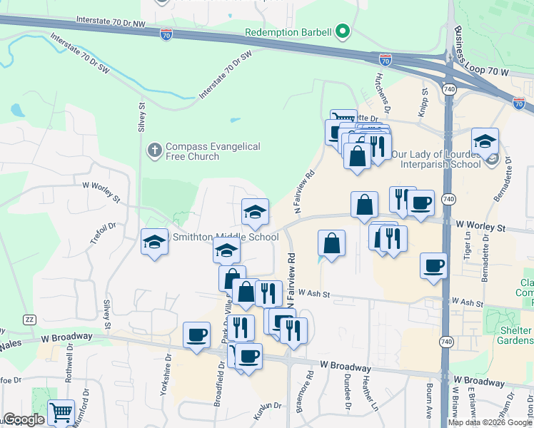 map of restaurants, bars, coffee shops, grocery stores, and more near 2909 East Worley Street in Columbia