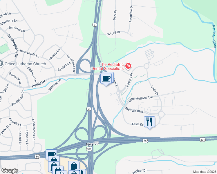map of restaurants, bars, coffee shops, grocery stores, and more near 16701 Melford Boulevard in Bowie