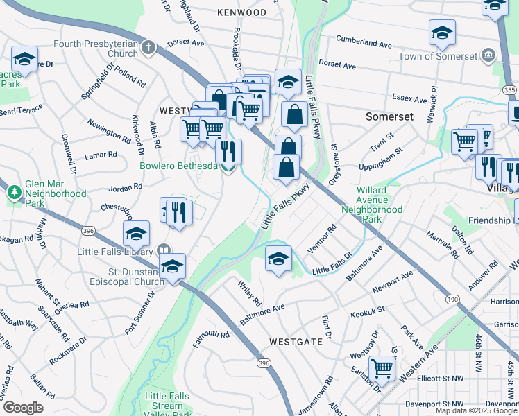 map of restaurants, bars, coffee shops, grocery stores, and more near 5113 Willet Bridge Road in Bethesda