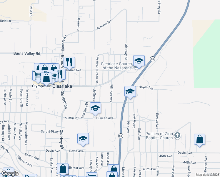 map of restaurants, bars, coffee shops, grocery stores, and more near 3503 Fillmore Avenue in Clearlake