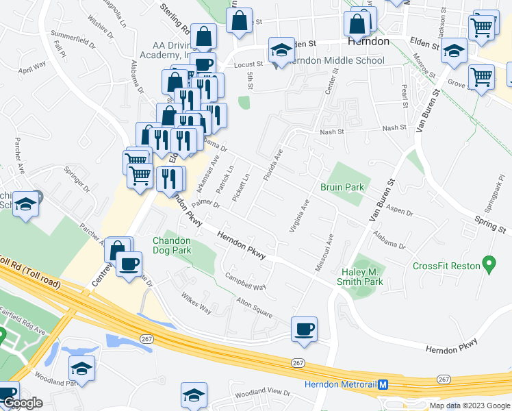 map of restaurants, bars, coffee shops, grocery stores, and more near 742 Bruce Court in Herndon