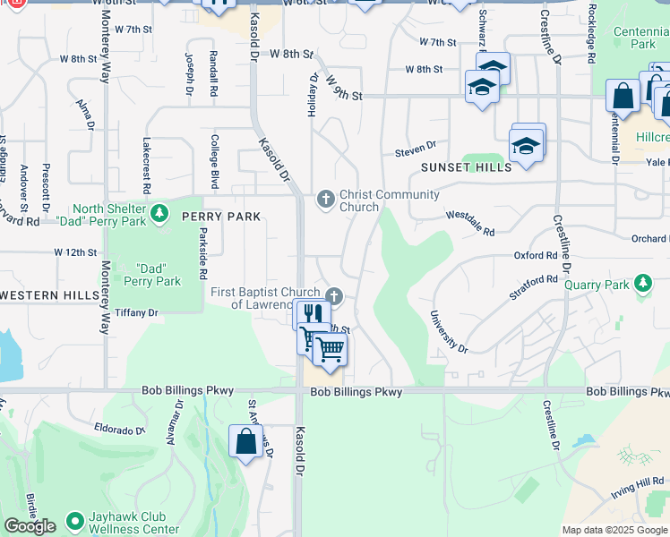 map of restaurants, bars, coffee shops, grocery stores, and more near 1317 Jana Drive in Lawrence