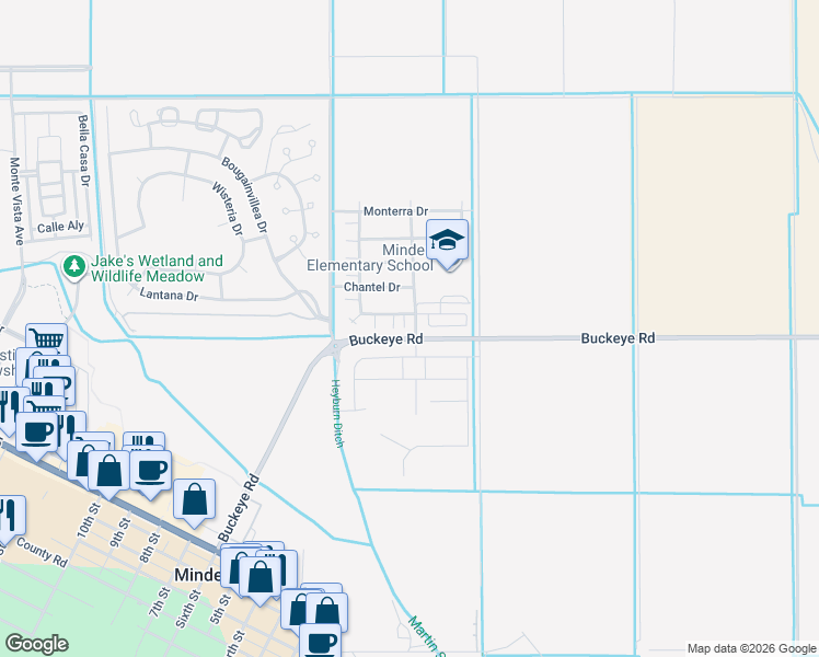 map of restaurants, bars, coffee shops, grocery stores, and more near 1703 Bello Court in Minden