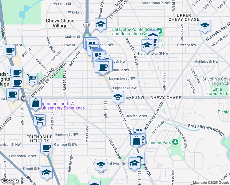 map of restaurants, bars, coffee shops, grocery stores, and more near 5415 Connecticut Avenue Northwest in Washington