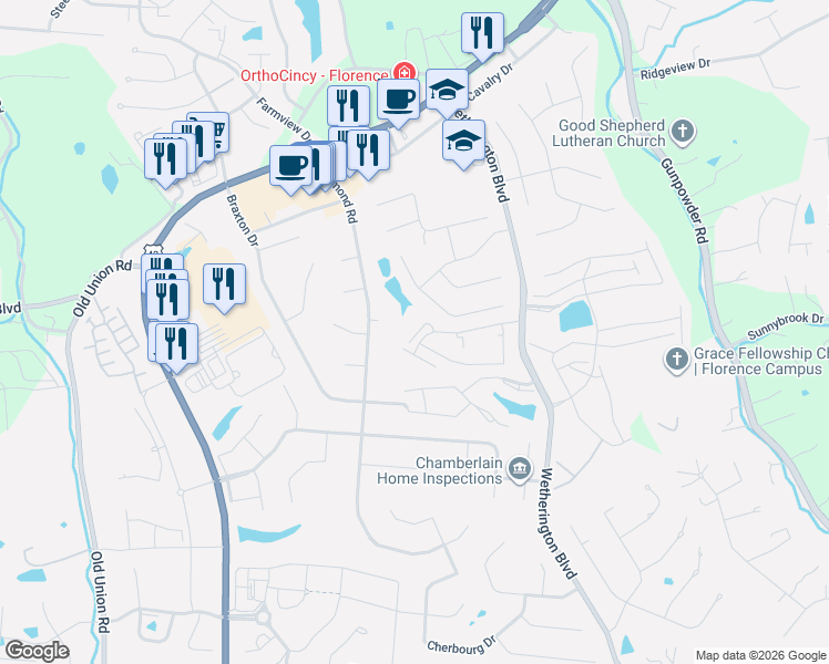 map of restaurants, bars, coffee shops, grocery stores, and more near 1192 Retriever Way in Florence