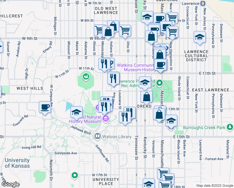 map of restaurants, bars, coffee shops, grocery stores, and more near 1204 Oread Avenue in Lawrence
