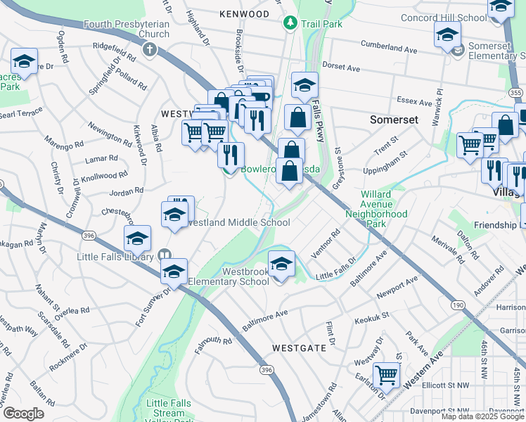map of restaurants, bars, coffee shops, grocery stores, and more near 5111 Willet Bridge Road in Bethesda