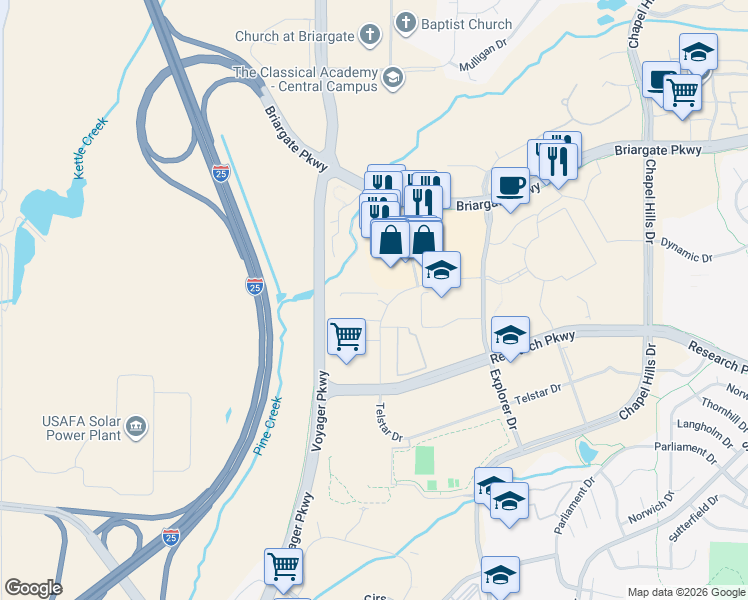 map of restaurants, bars, coffee shops, grocery stores, and more near 9475 Palladium Heights in Colorado Springs