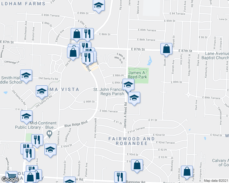 map of restaurants, bars, coffee shops, grocery stores, and more near 7904 East 90th Street in Kansas City