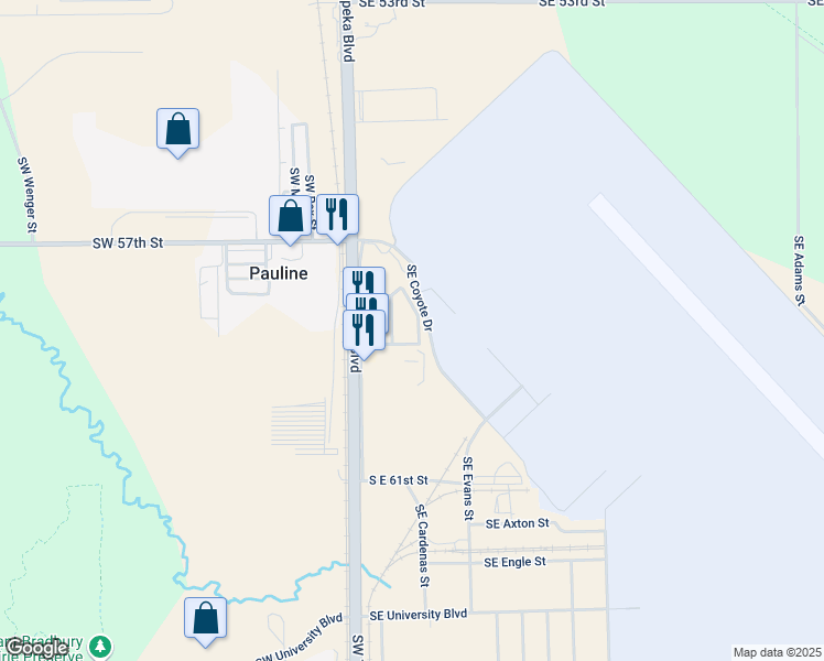 map of restaurants, bars, coffee shops, grocery stores, and more near 201 Southeast 59th Street in Topeka