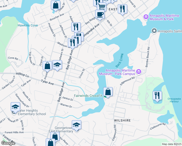 map of restaurants, bars, coffee shops, grocery stores, and more near 692 Fairview Avenue in Annapolis