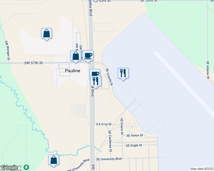 map of restaurants, bars, coffee shops, grocery stores, and more near 201 Southeast 59th Street in Topeka