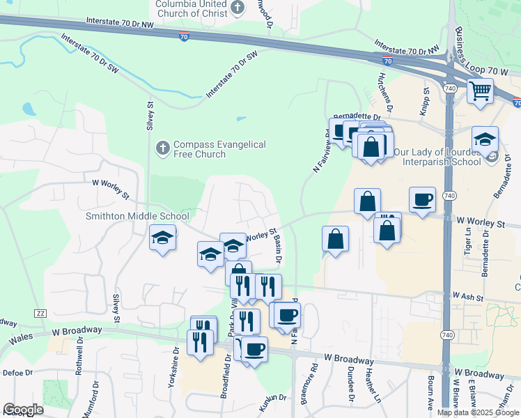 map of restaurants, bars, coffee shops, grocery stores, and more near 2804 Park De Ville Place in Columbia