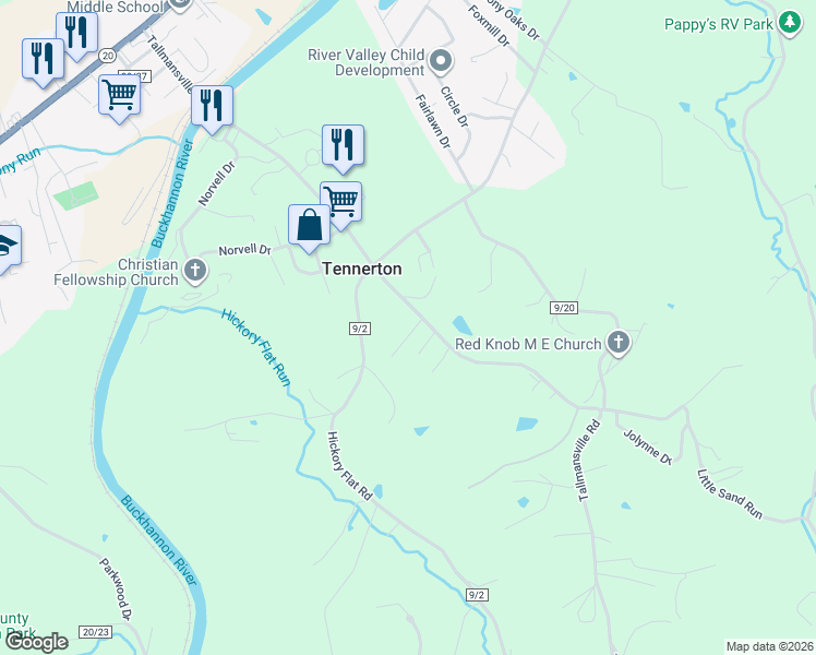 map of restaurants, bars, coffee shops, grocery stores, and more near 47 Mcknight Drive in Buckhannon