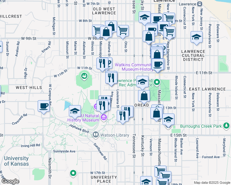 map of restaurants, bars, coffee shops, grocery stores, and more near 1204 Oread Avenue in Lawrence